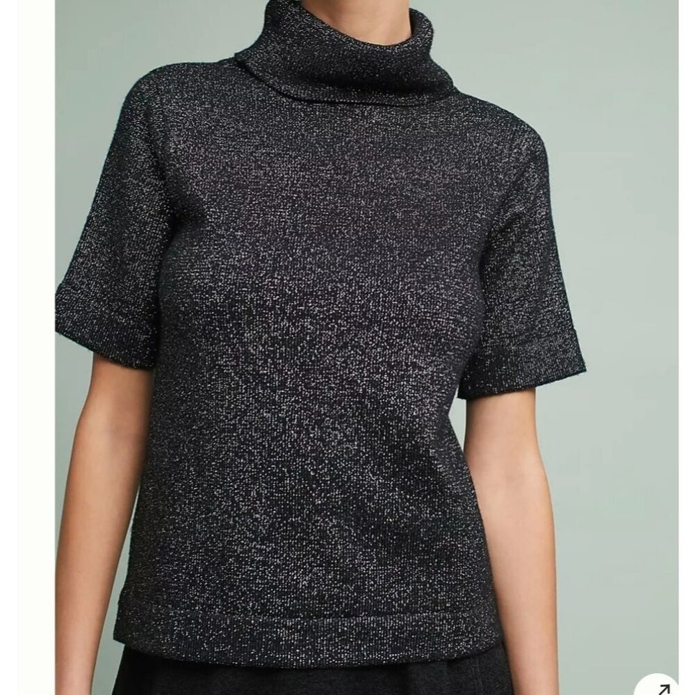 Raga Turtleneck Sweater Womens Small Black Silver Metallic Short Sleeve Knit‎